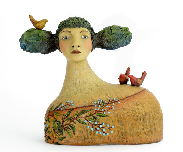 SOLD   "Isabelle Found a Delightful Alternative to the Chip on Her Shoulder"  Original ceramic sculpture by Jacquline Hurlbert
