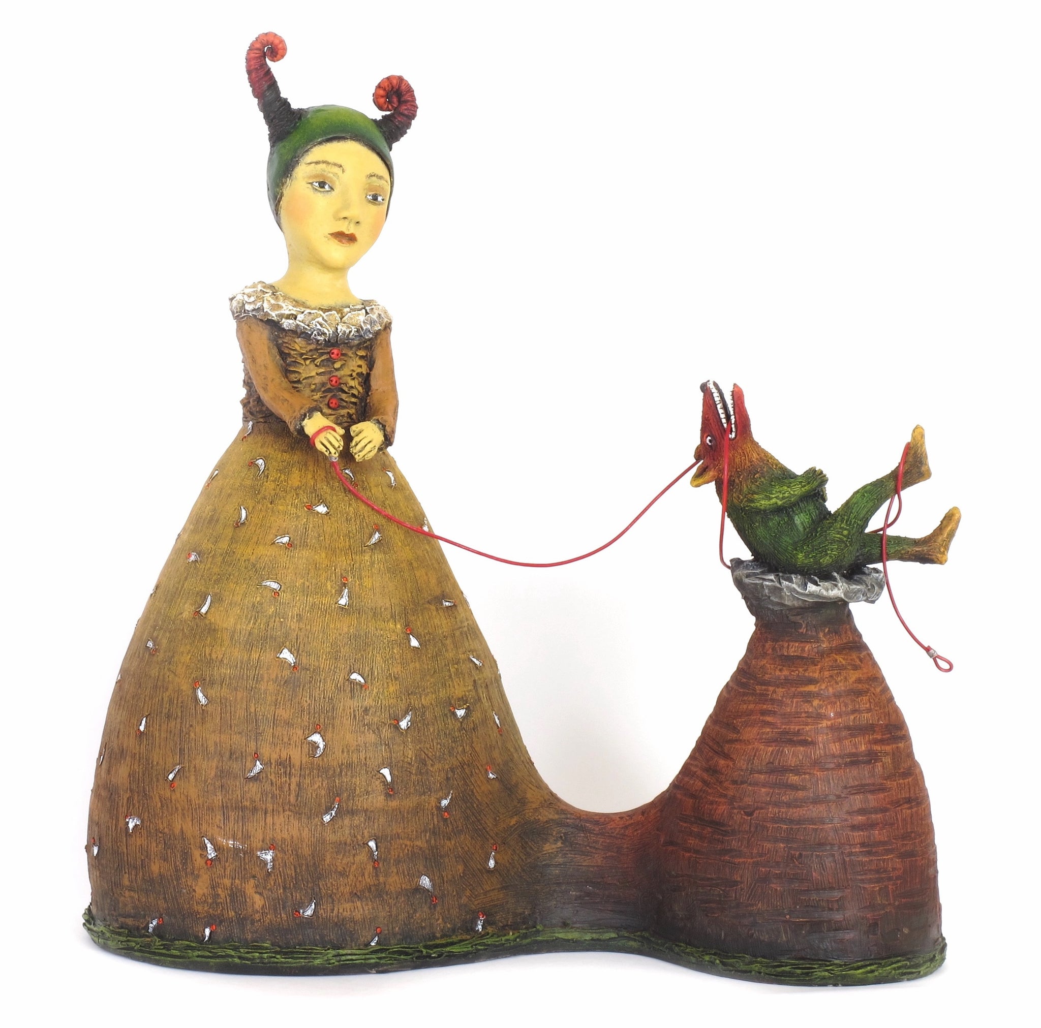SOLD   "Her Ego Was Not Fond Of It's Leash"  original ceramic sculpture by Jacquline Hurlbert