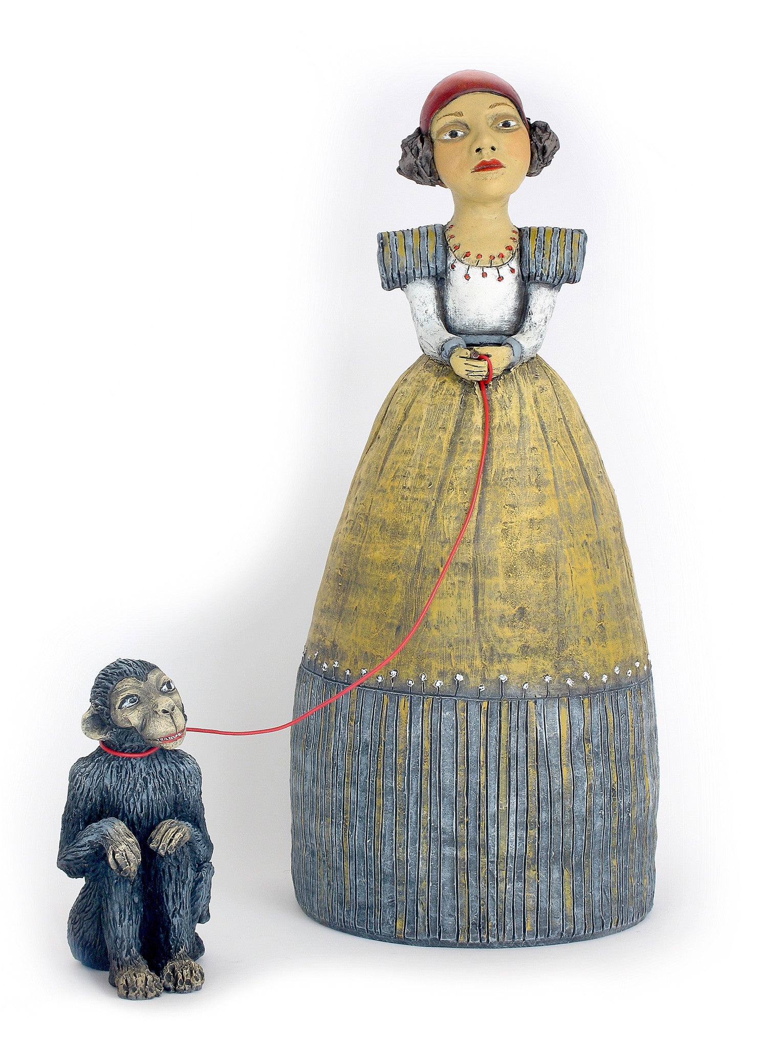 SOLD  "Keeping Her Mischief Politely in Check" original ceramic sculpture by Jacquline Hurlbert