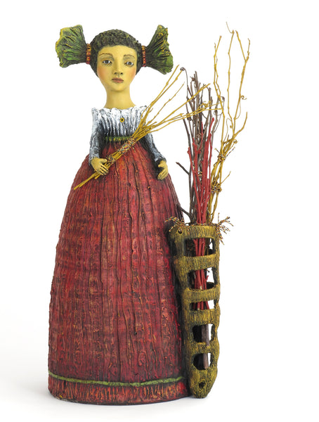 SOLD  "Fiona Gathers Sticks to Fortify Her Boundaries" Original ceramic sculpture by Jacquline Hurlbert