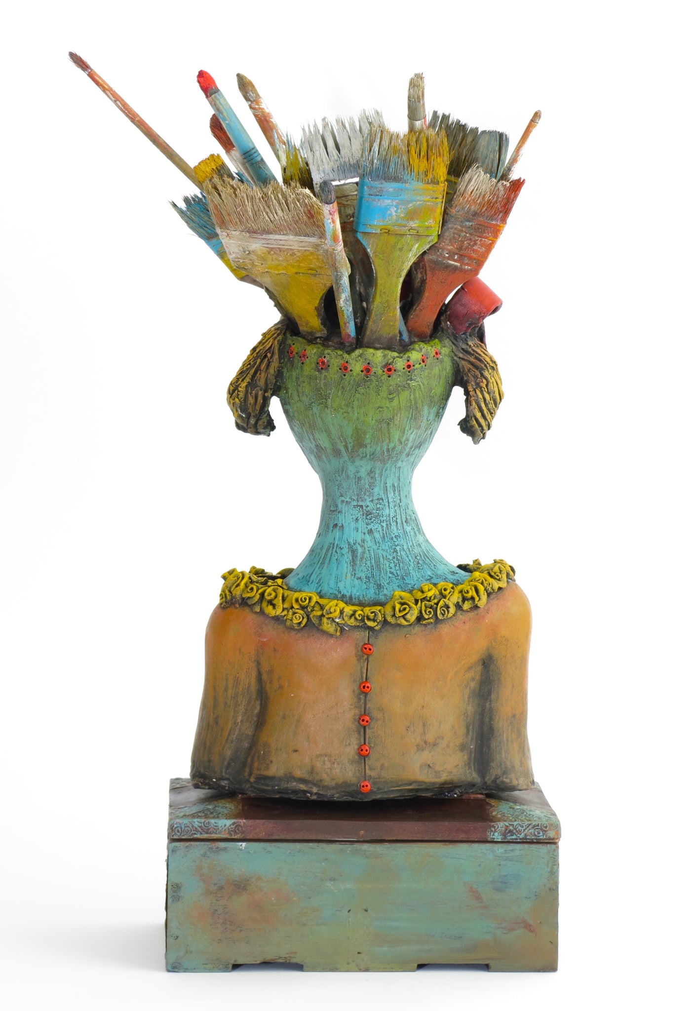 SOLD   "Recounting My Many Brushes With Death" Original ceramic sculpture by Jacquline Hurlbert
