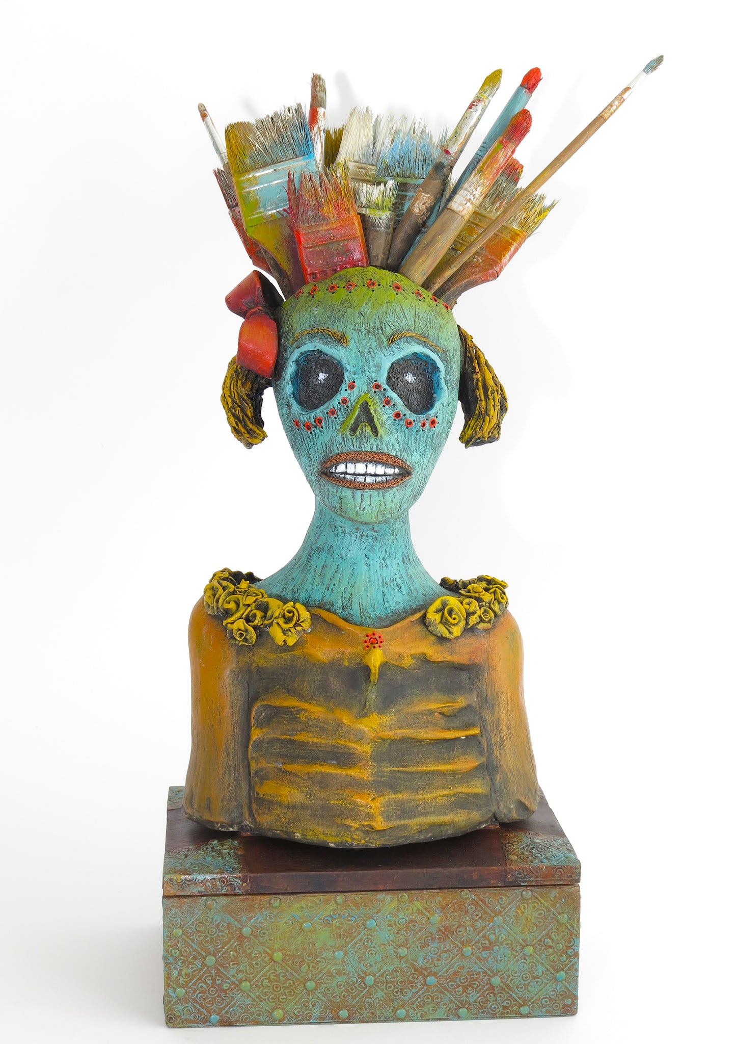 SOLD   "Recounting My Many Brushes With Death" Original ceramic sculpture by Jacquline Hurlbert