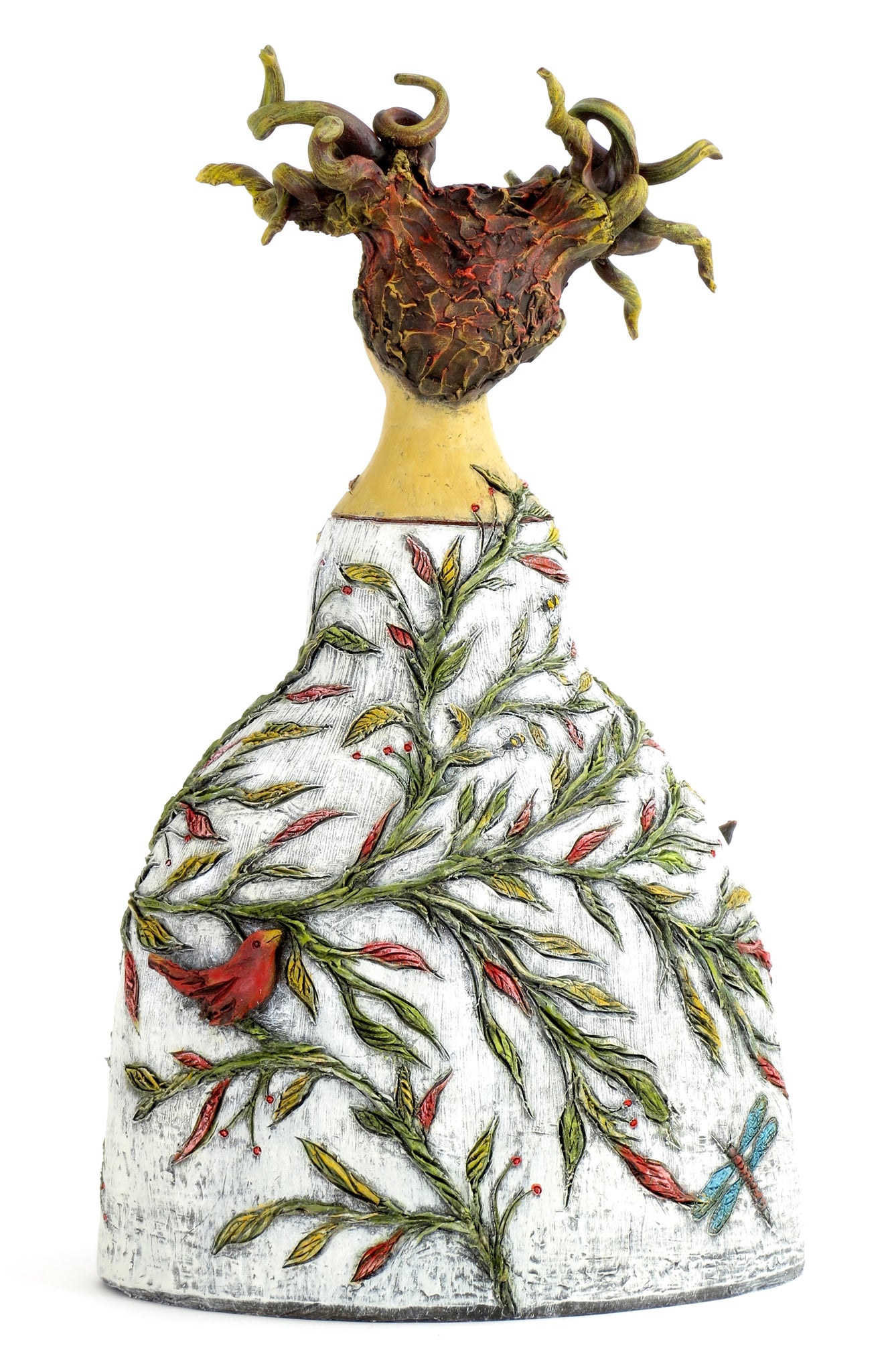 SOLD  "Red Birds Pay Tribute to Her Transformation" Original ceramic sculpture by Jacquline Hurlbert