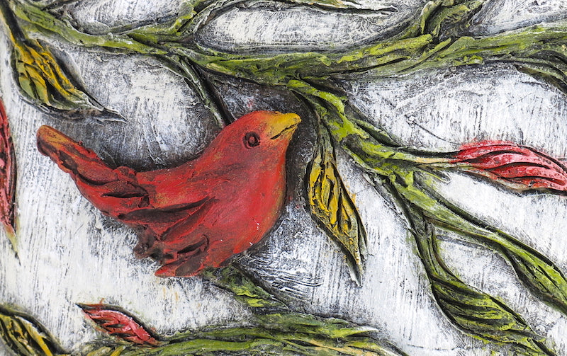 SOLD  "Red Birds Pay Tribute to Her Transformation" Original ceramic sculpture by Jacquline Hurlbert