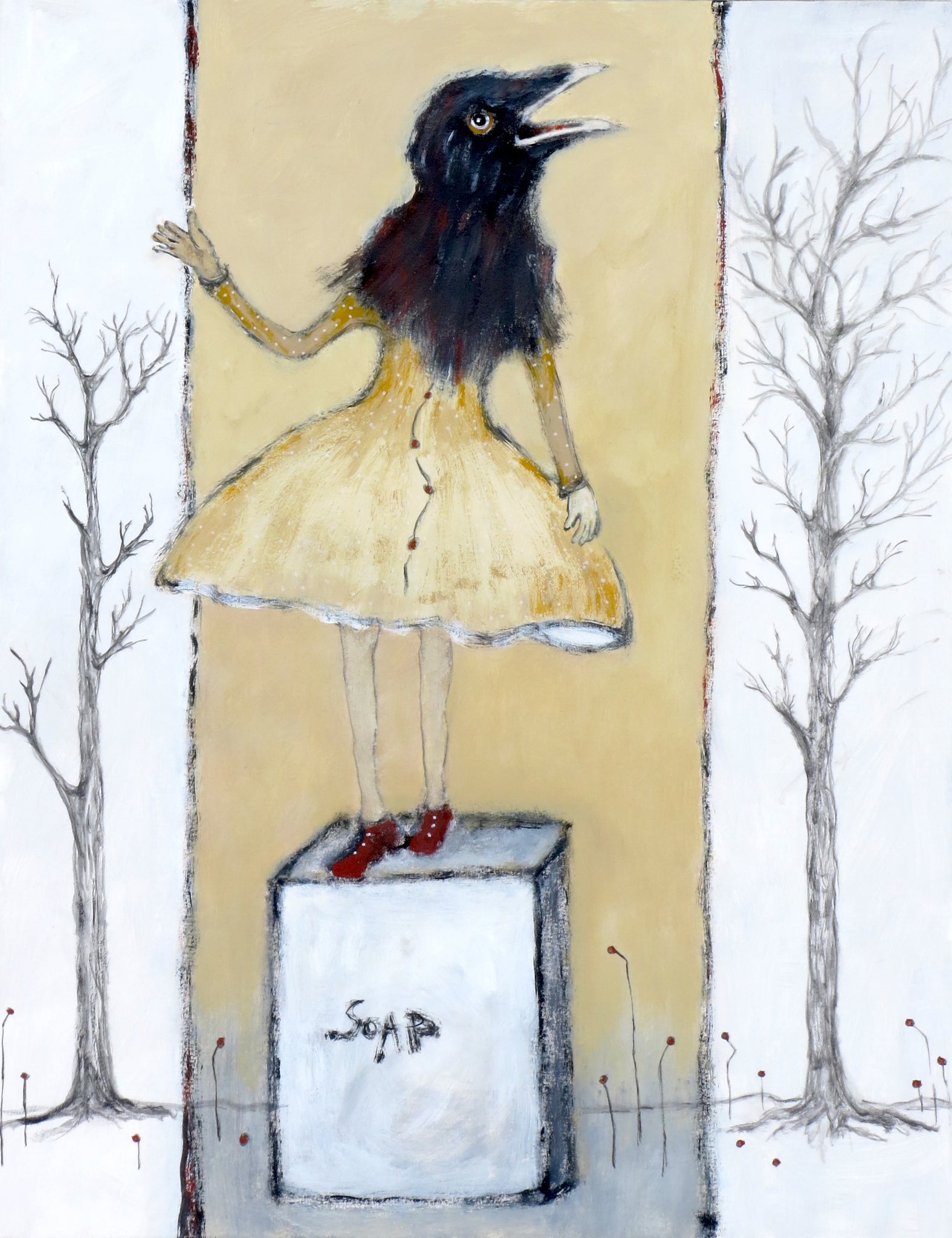 SOLD  "Raven Girl Sounds the Alarm" - part of the "Soap Box" series