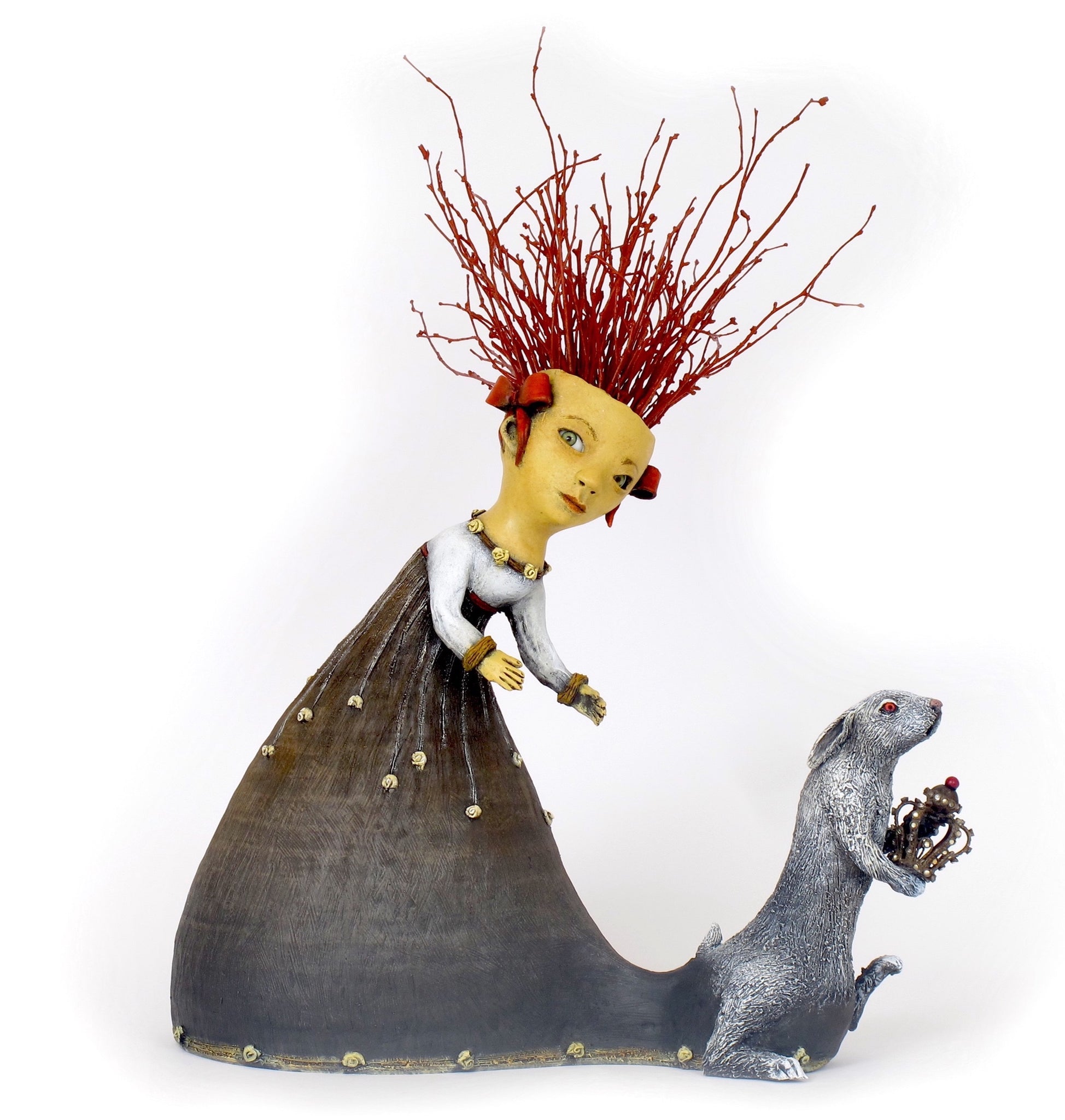 SOLD   "White Rabbit Steals the Jeweled Crown" original ceramic sculpture by Jacquline Hurlbert