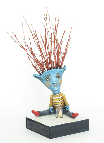SOLD   "A Head Full of Twigs, a Stack of Matches, What Could Possibly Go Wrong?" original ceramic sculpture with mixed media by Jacquline Hurlbert
