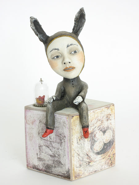 SOLD   "In Case of Emergency, Break the Glass"  original ceramic sculpture with mixed media by Jacquline Hurlbert