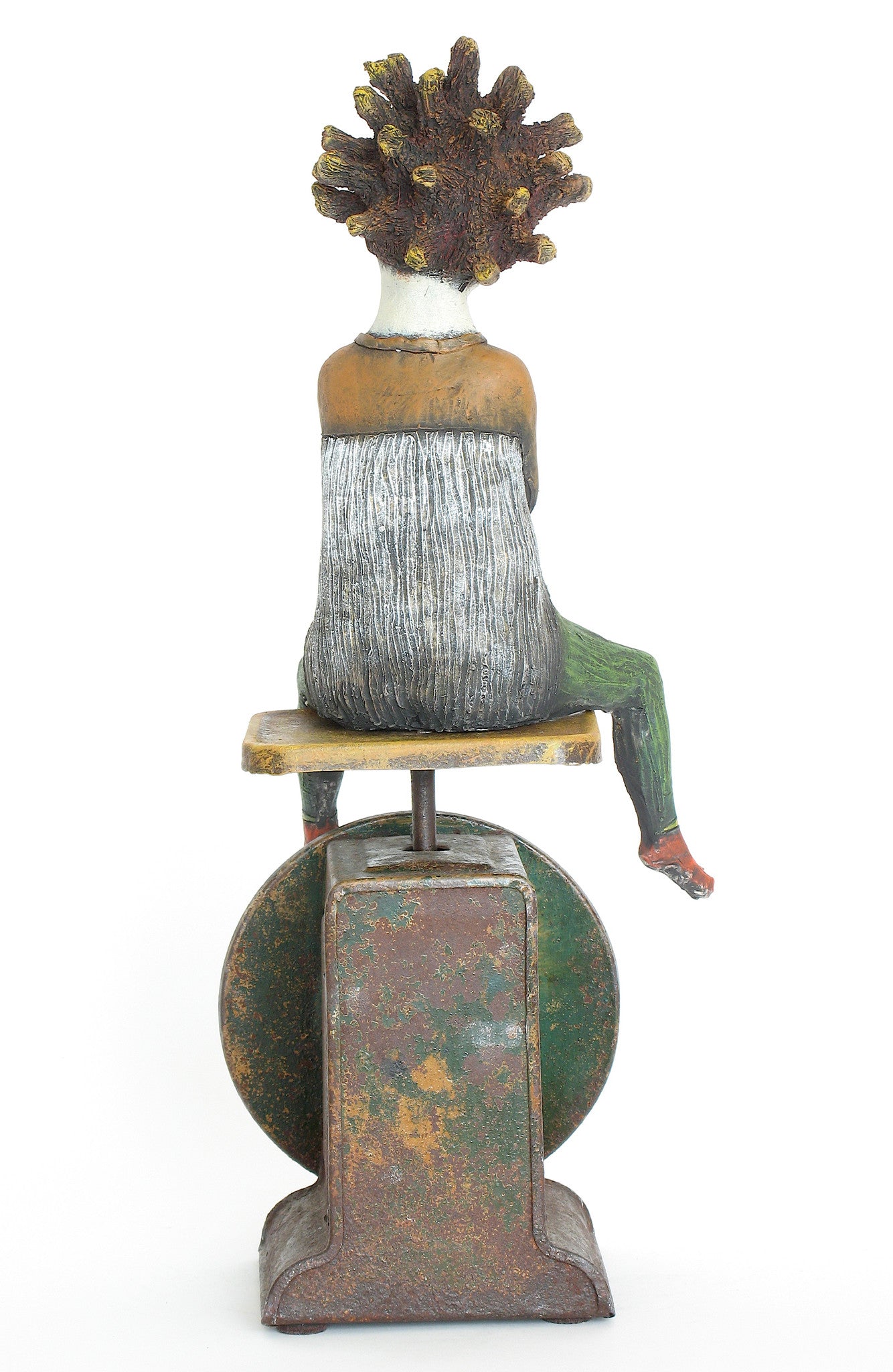 SOLD  "Weighing the Consequences"  original ceramic sculpture with antique scale by Jacquline Hurlbert