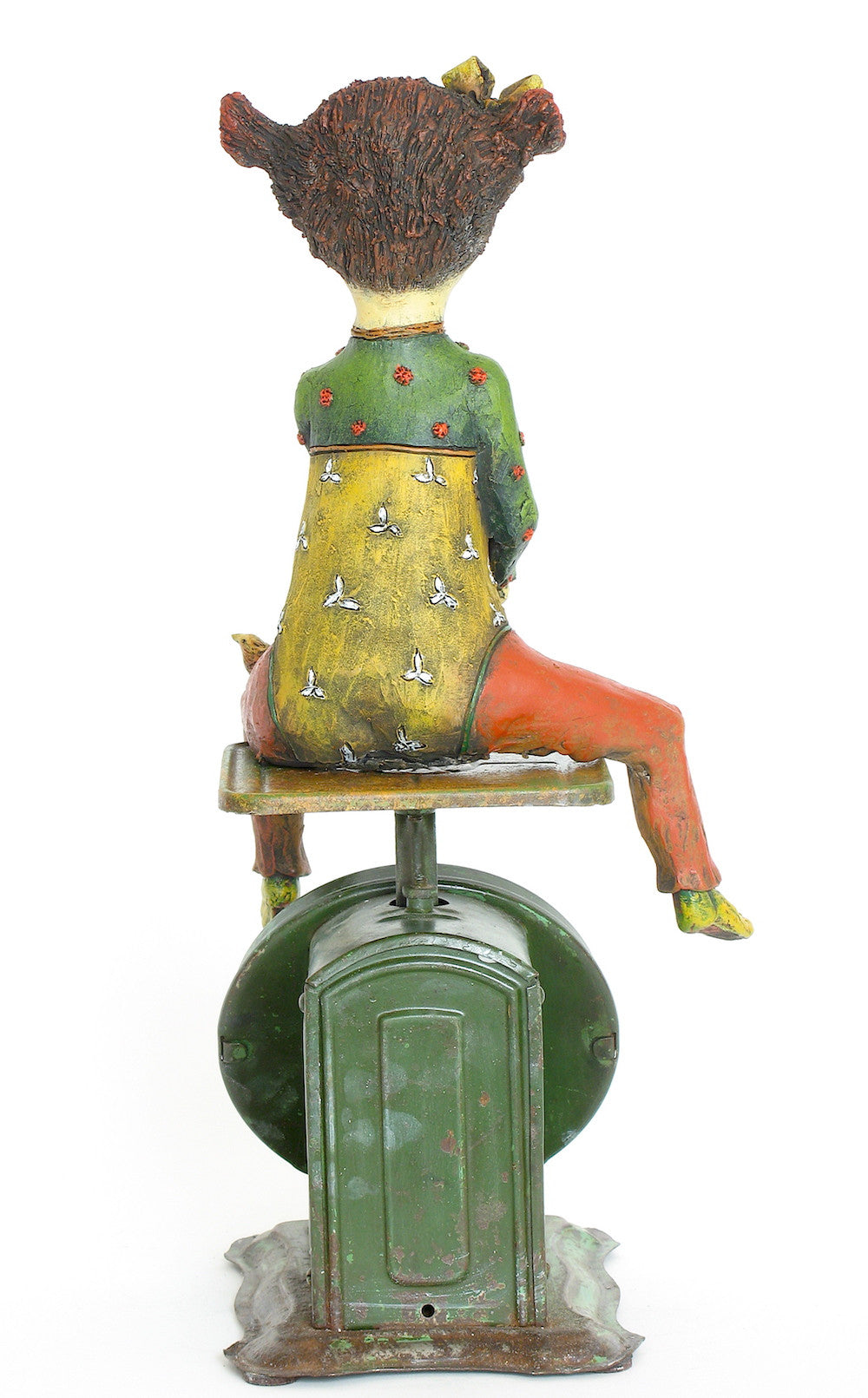 SOLD  "Weighing Her Options" original ceramic sculpture with antique scale" by Jacquline Hurlbert