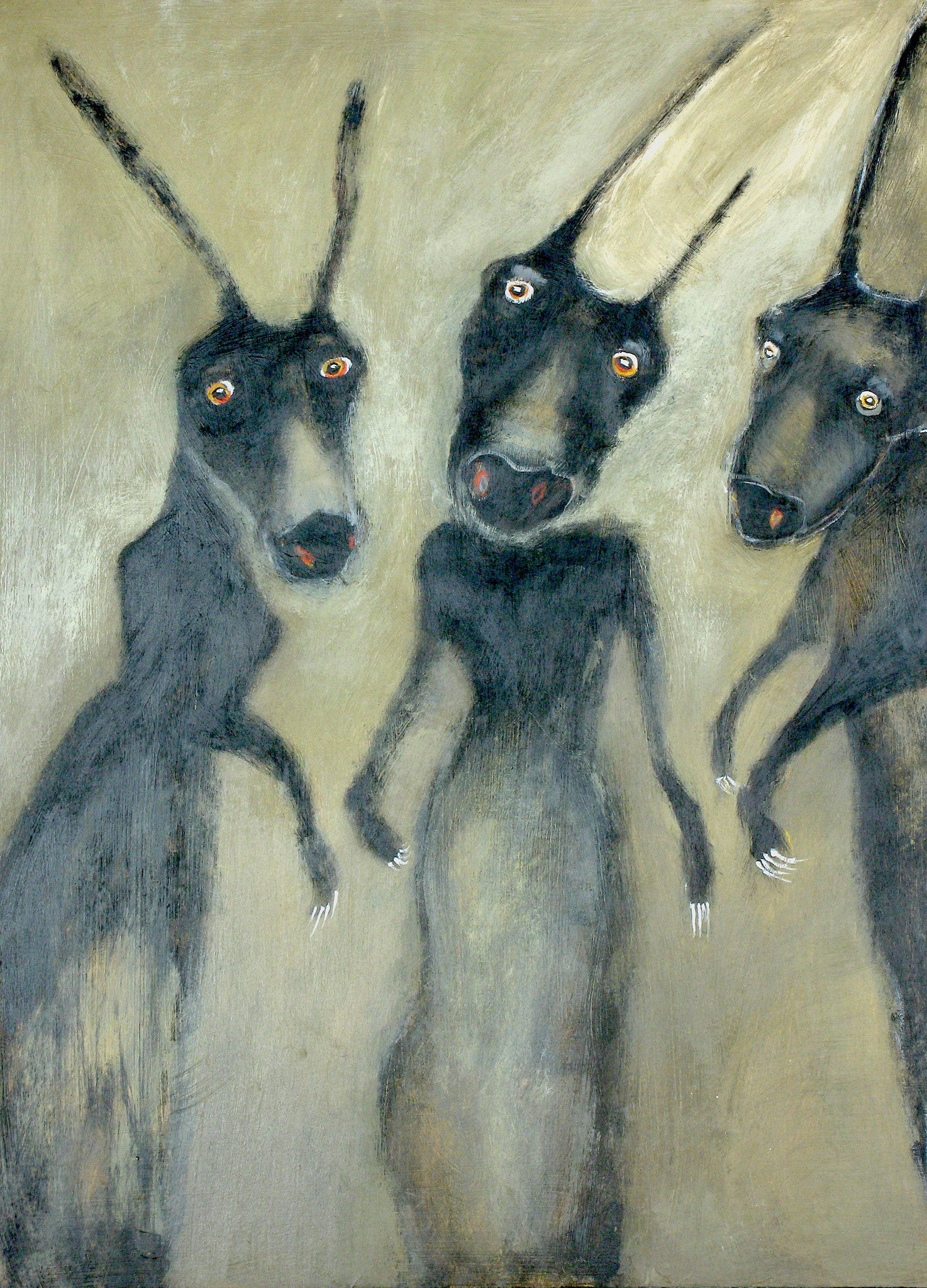 SOLD   "Three Little Monsters Came Out to Play, Glimpsed the Evening News and Slinked Away"