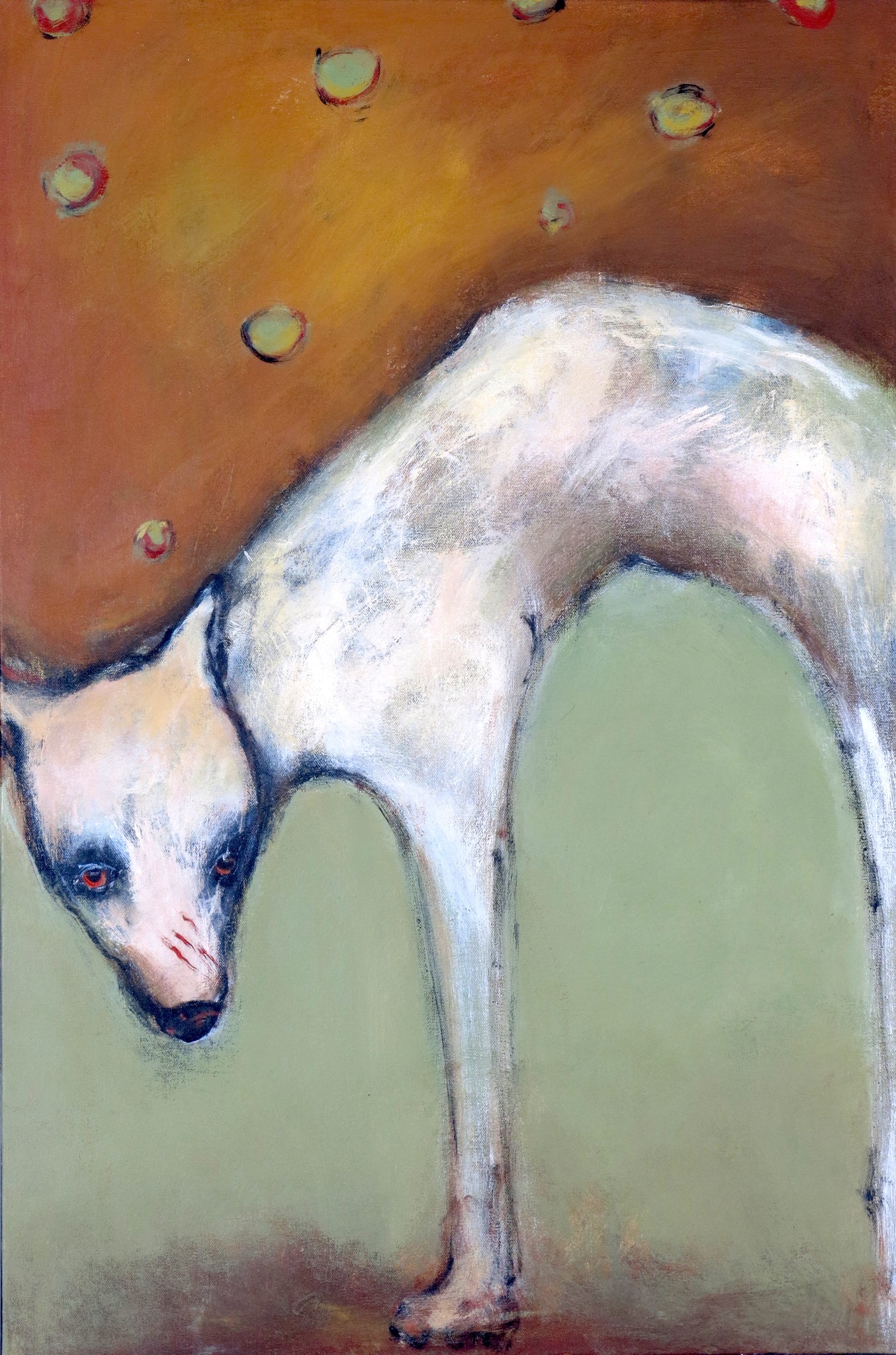 SOLD "Dog Stands With Arched Back, Waiting for Cat to Return" Original Painting by Jacquline Hurlbert