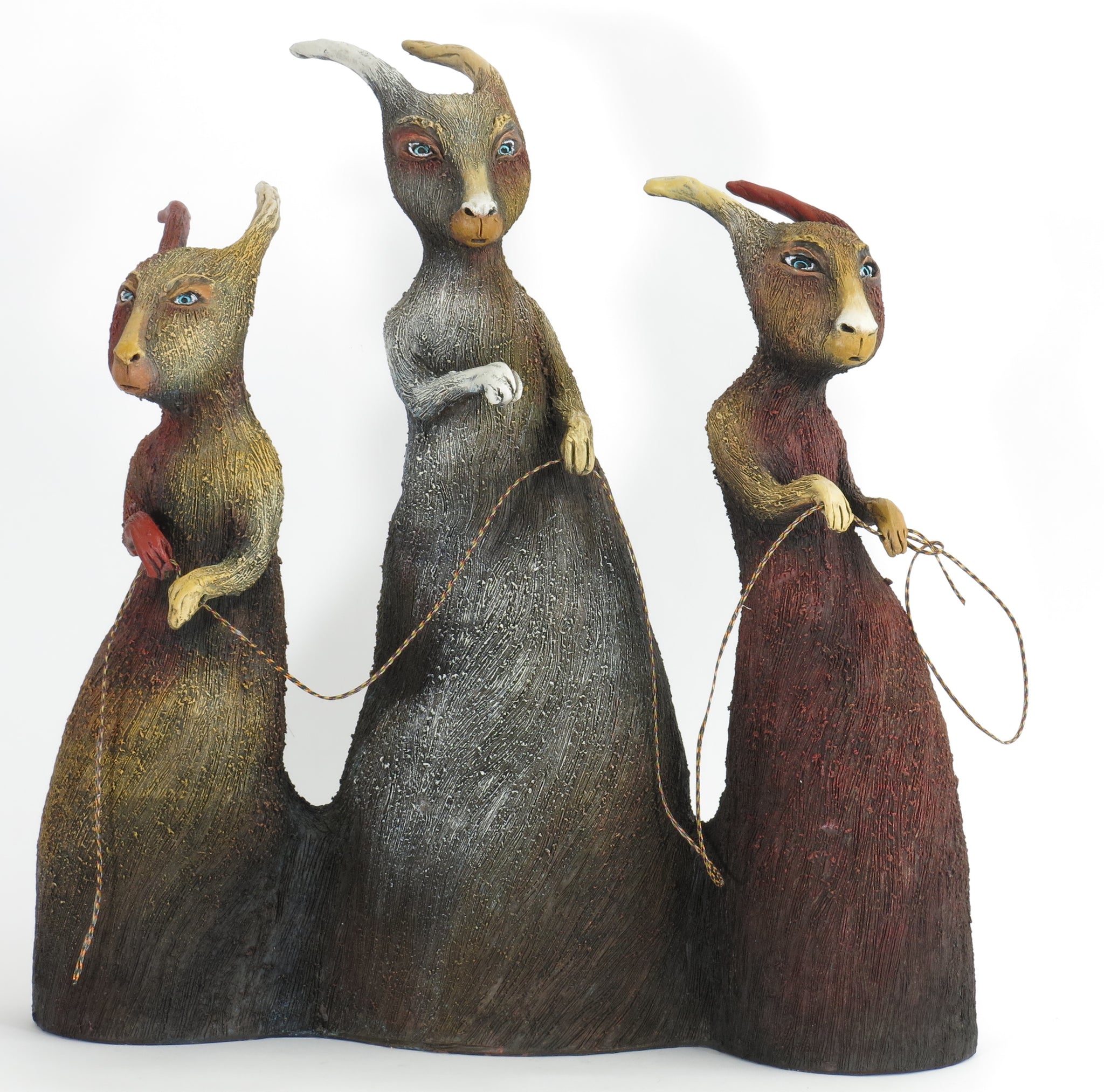 "Night Howlers Make Plans to Steal the Moon"  Original ceramic sculpture by Jacquline Hurlbert
