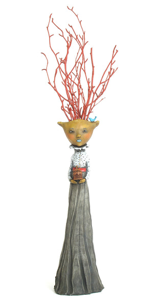 SOLD   "Rescuing the Bluebird of Happiness"  original ceramic sculpture with mixed media by Jacquline Hurlbert