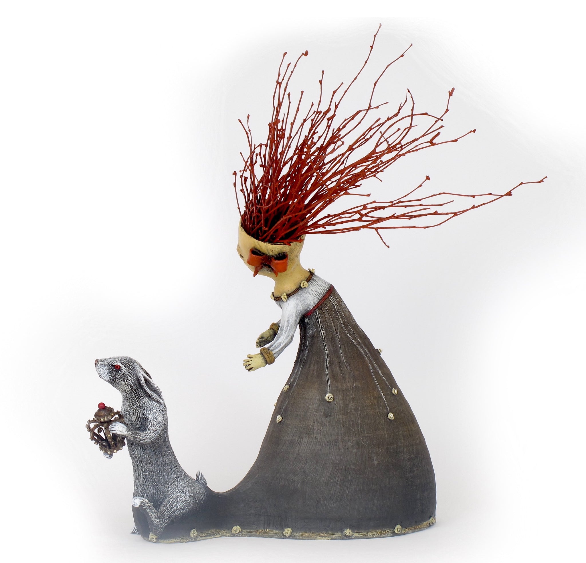 SOLD   "White Rabbit Steals the Jeweled Crown" original ceramic sculpture by Jacquline Hurlbert