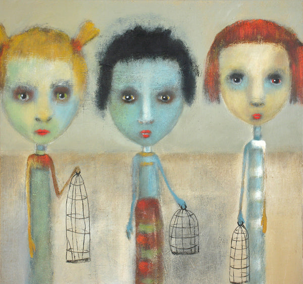 SOLD  "Young Girls with Fashionable Cages" original painting by Jacquline Hurlbert